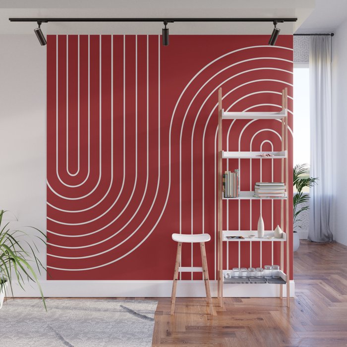 Minimal Line Curvature LXXX Ruby Red Mid Century Modern Arch Abstract Wall Mural Gallery Image 1