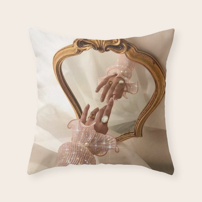 AESTHETICS | Parisian | collage | vintage | retro | pink | pastel | 70s | France | fashion | beige Throw Pillow Gallery Image 1