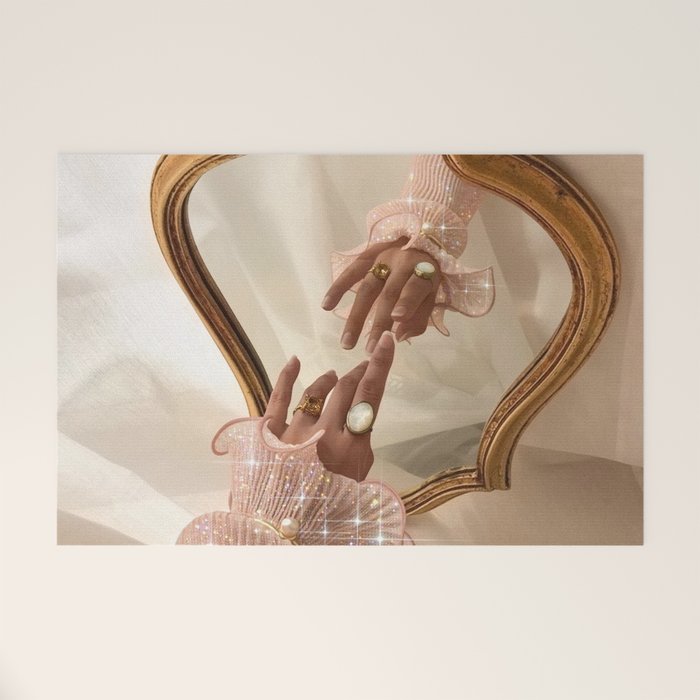 AESTHETICS | Parisian | collage | vintage | retro | pink | pastel | 70s | France | fashion | beige Welcome Mat Gallery Image 1