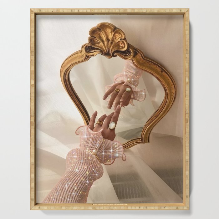 AESTHETICS | Parisian | collage | vintage | retro | pink | pastel | 70s | France | fashion | beige Serving Tray Gallery Image 1