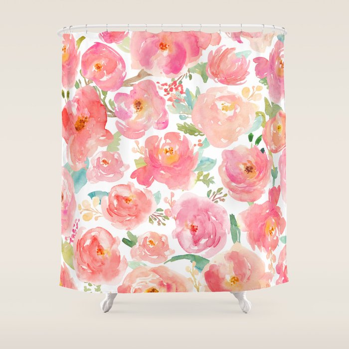 Pink Peonies Watercolor Pattern Shower Curtain Gallery Image 1