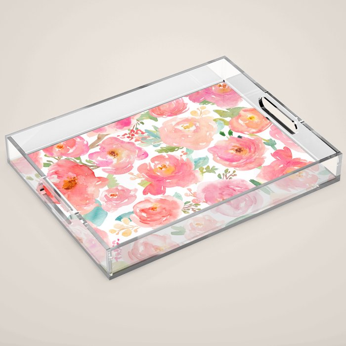 Pink Peonies Watercolor Pattern Acrylic Tray Gallery Image 1