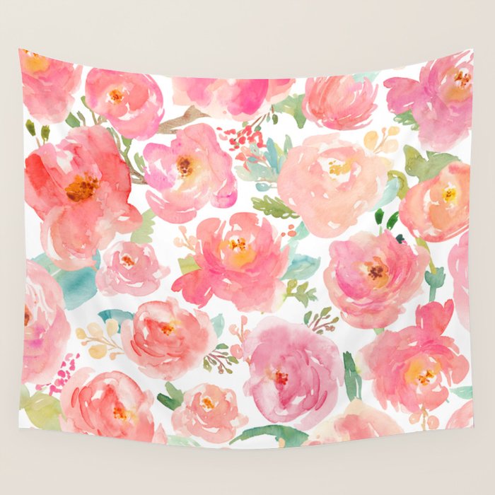Pink Peonies Watercolor Pattern Wall Tapestry Gallery Image 4