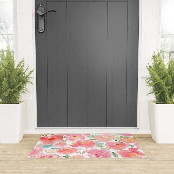 Pink Peonies Watercolor Pattern Welcome Mat Gallery Image 3