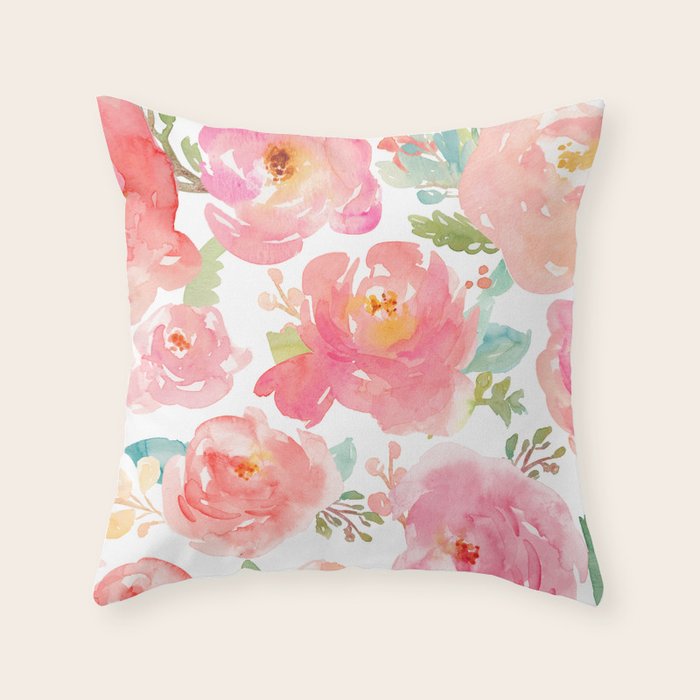 Pink Peonies Watercolor Pattern Throw Pillow Gallery Image 6