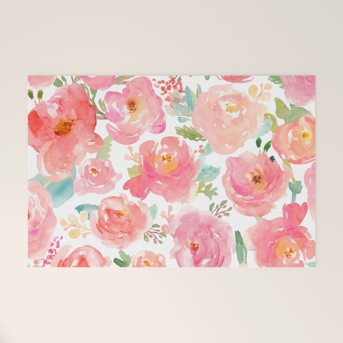 Pink Peonies Watercolor Pattern Welcome Mat Gallery Image 1