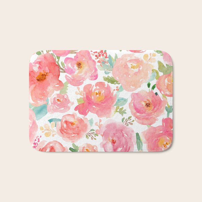 Pink Peonies Watercolor Pattern Bath Mat Gallery Image 1