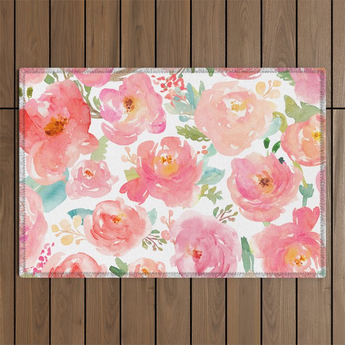 Pink Peonies Watercolor Pattern Outdoor Rug Gallery Image 1