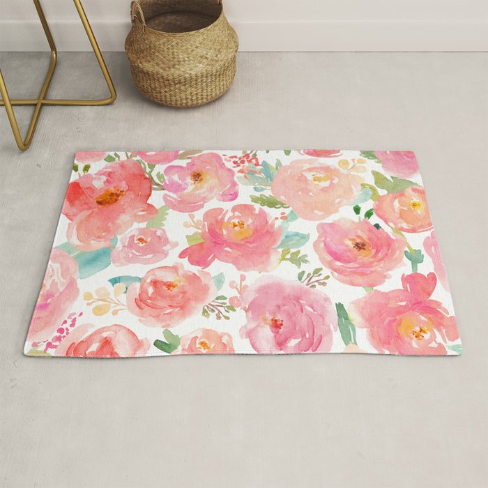 Pink Peonies Watercolor Pattern Rug Gallery Image 1