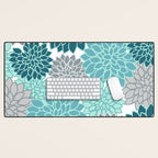 Dahlia Floral Blooms in Teal and Gray Desk Mat Gallery Image 1