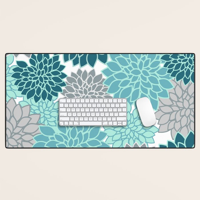 Dahlia Floral Blooms in Teal and Gray Desk Mat Gallery Image 1