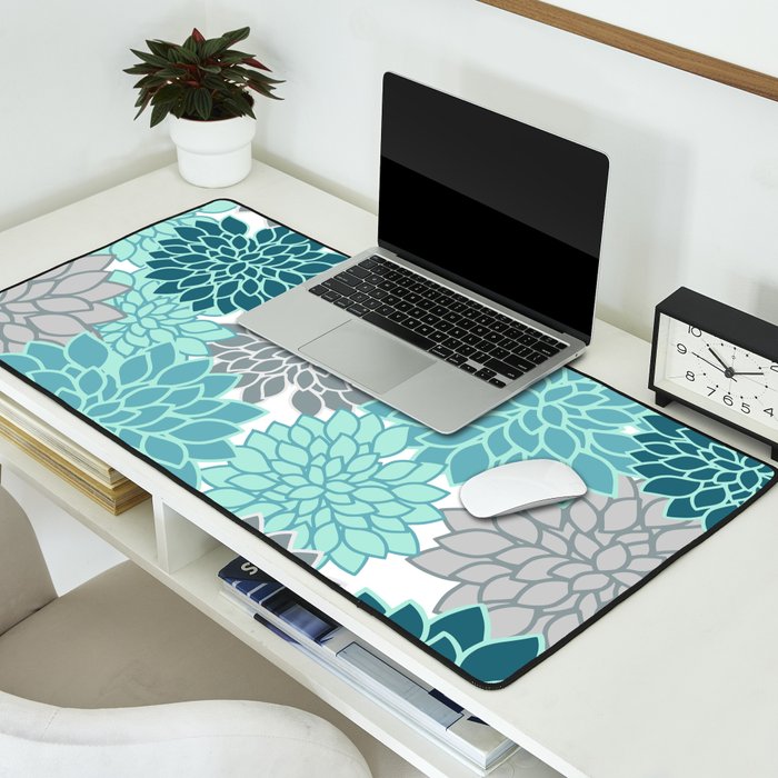 Dahlia Floral Blooms in Teal and Gray Desk Mat Gallery Image 2