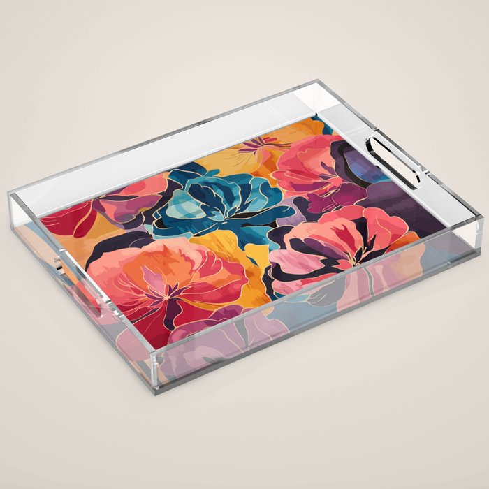 Colorful Pink and Blue Decorative Floral Acrylic Tray Gallery Image 1