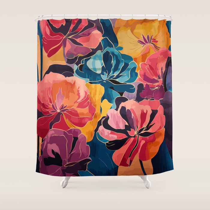 Colorful Pink and Blue Decorative Floral Shower Curtain Gallery Image 1