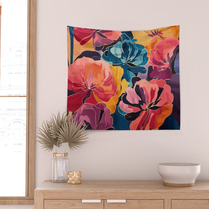 Colorful Pink and Blue Decorative Floral Wall Tapestry Gallery Image 2