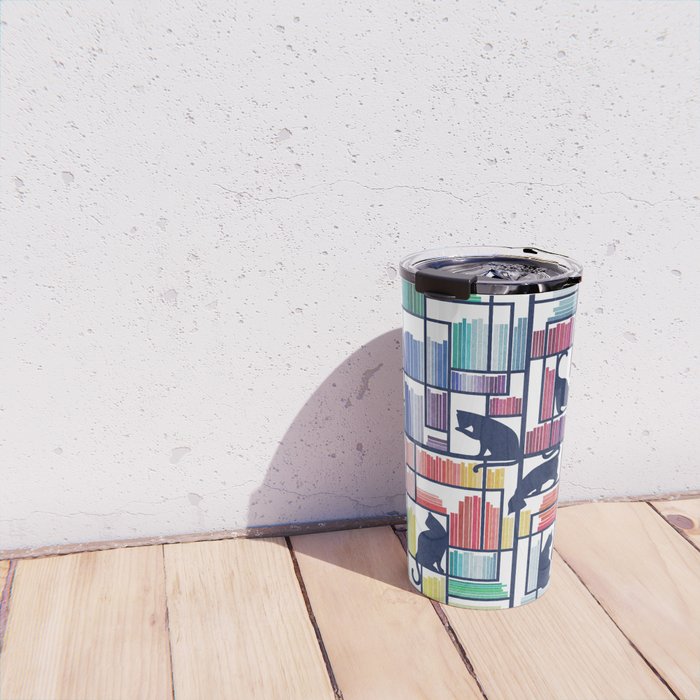 Rainbow bookshelf // white background navy blue shelf and library cats Travel Mug Gallery Image 4