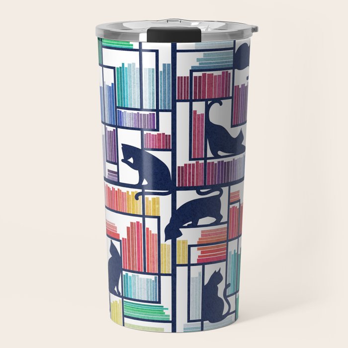 Rainbow bookshelf // white background navy blue shelf and library cats Travel Mug Gallery Image 1