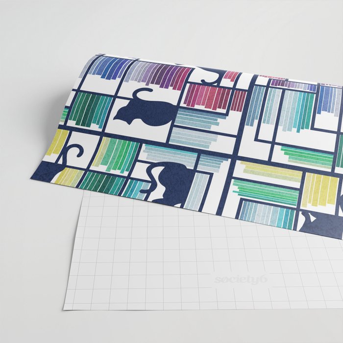 Rainbow bookshelf // white background navy blue shelf and library cats Wrapping Paper Gallery Image 2