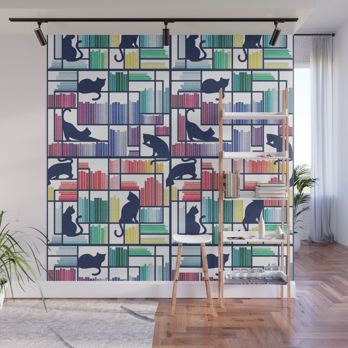Rainbow bookshelf // white background navy blue shelf and library cats Wall Mural Gallery Image 1