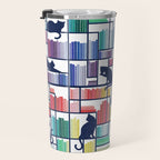 Rainbow bookshelf // white background navy blue shelf and library cats Travel Mug Gallery Image 3