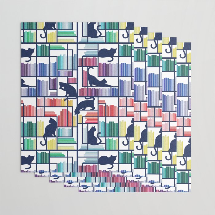 Rainbow bookshelf // white background navy blue shelf and library cats Wrapping Paper Gallery Image 3