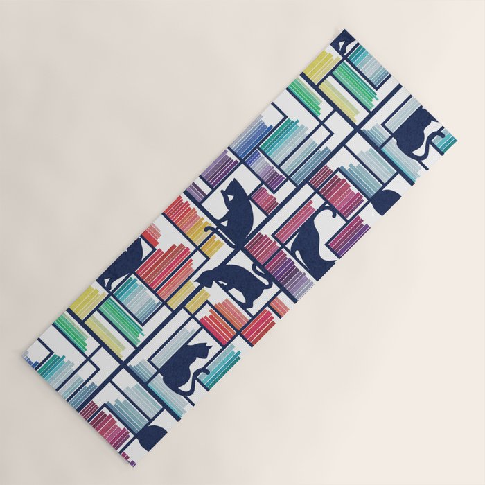 Rainbow bookshelf // white background navy blue shelf and library cats Yoga Mat Gallery Image 1