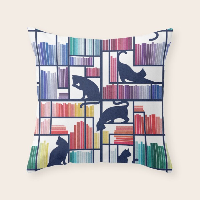 Rainbow bookshelf // white background navy blue shelf and library cats Throw Pillow Gallery Image 6