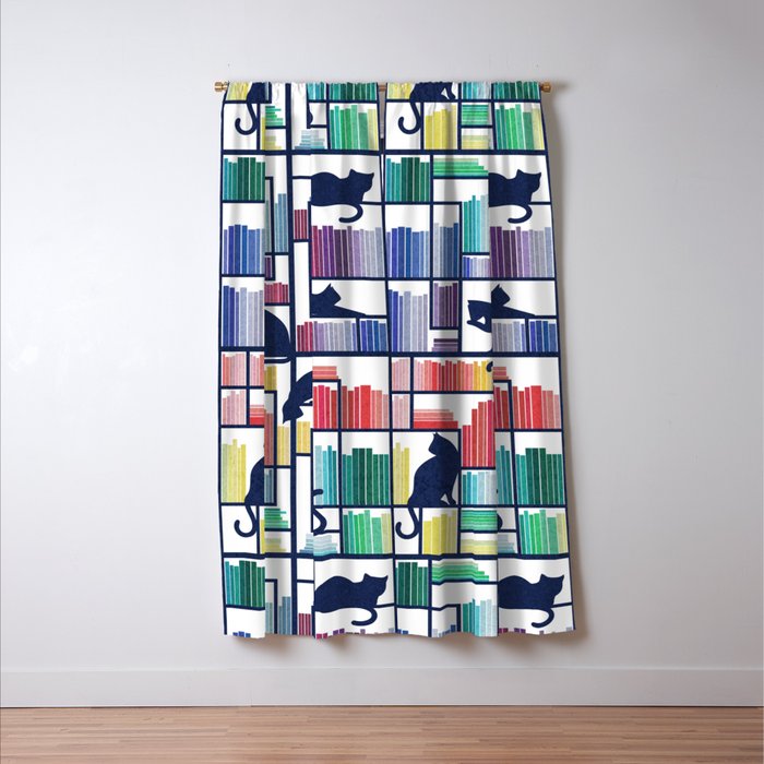 Rainbow bookshelf // white background navy blue shelf and library cats Window Curtain Gallery Image 3