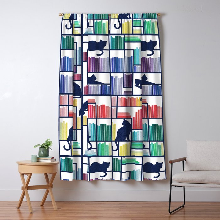 Rainbow bookshelf // white background navy blue shelf and library cats Window Curtain Gallery Image 1