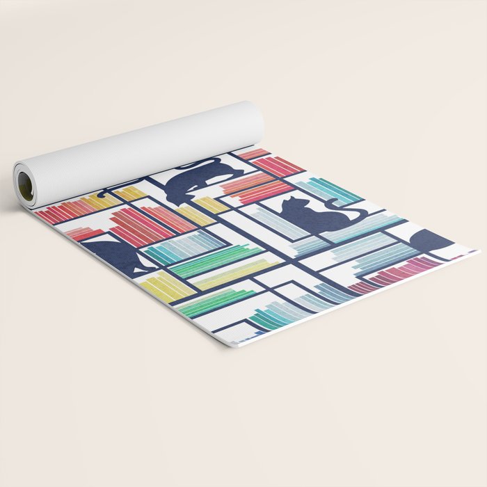 Rainbow bookshelf // white background navy blue shelf and library cats Yoga Mat Gallery Image 2