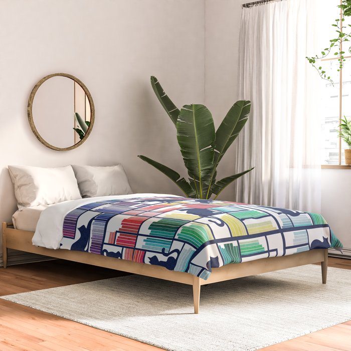 Rainbow bookshelf // white background navy blue shelf and library cats Comforter Gallery Image 2