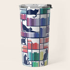 Rainbow bookshelf // white background navy blue shelf and library cats Travel Mug Gallery Image 2