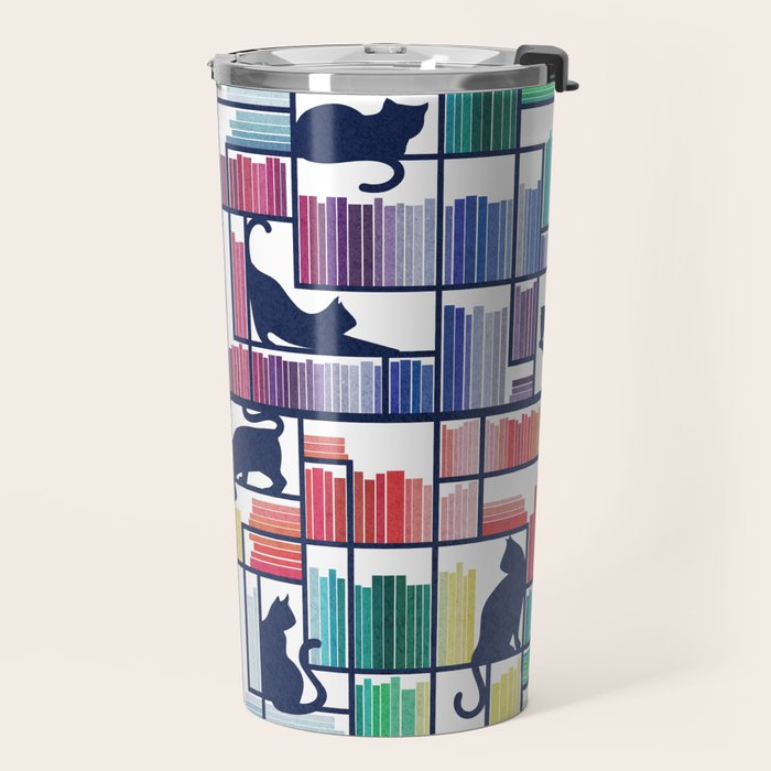 Rainbow bookshelf // white background navy blue shelf and library cats Travel Mug Gallery Image 2