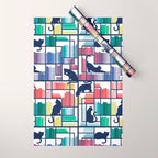 Rainbow bookshelf // white background navy blue shelf and library cats Wrapping Paper Gallery Image 1