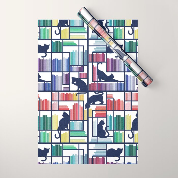 Rainbow bookshelf // white background navy blue shelf and library cats Wrapping Paper Gallery Image 1