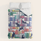 Rainbow bookshelf // white background navy blue shelf and library cats Comforter Gallery Image 6