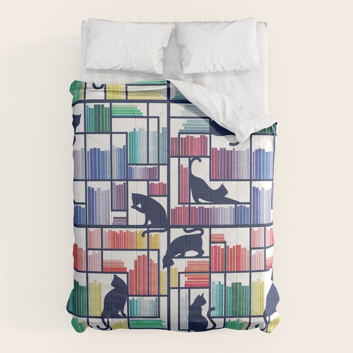 Rainbow bookshelf // white background navy blue shelf and library cats Comforter Gallery Image 6