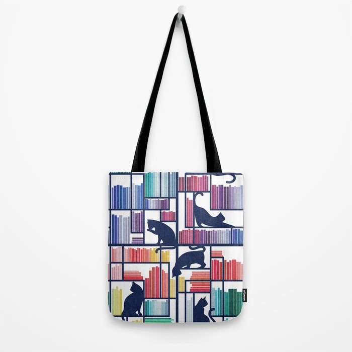 Rainbow bookshelf // white background navy blue shelf and library cats Tote Bag Gallery Image 2