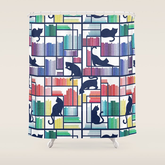 Rainbow bookshelf // white background navy blue shelf and library cats Shower Curtain Gallery Image 1