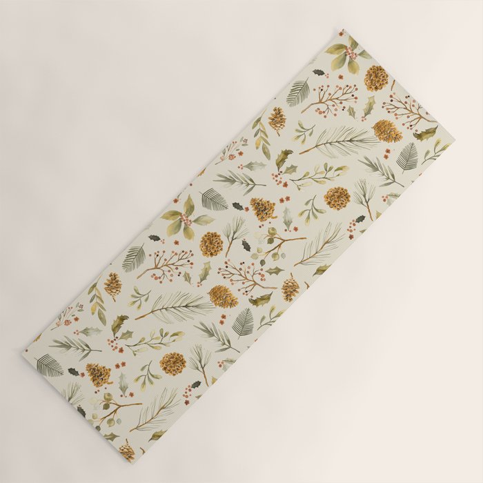 Christmas holiday botanical Pinecones and Holly Ecru Gold Yoga Mat Gallery Image 1