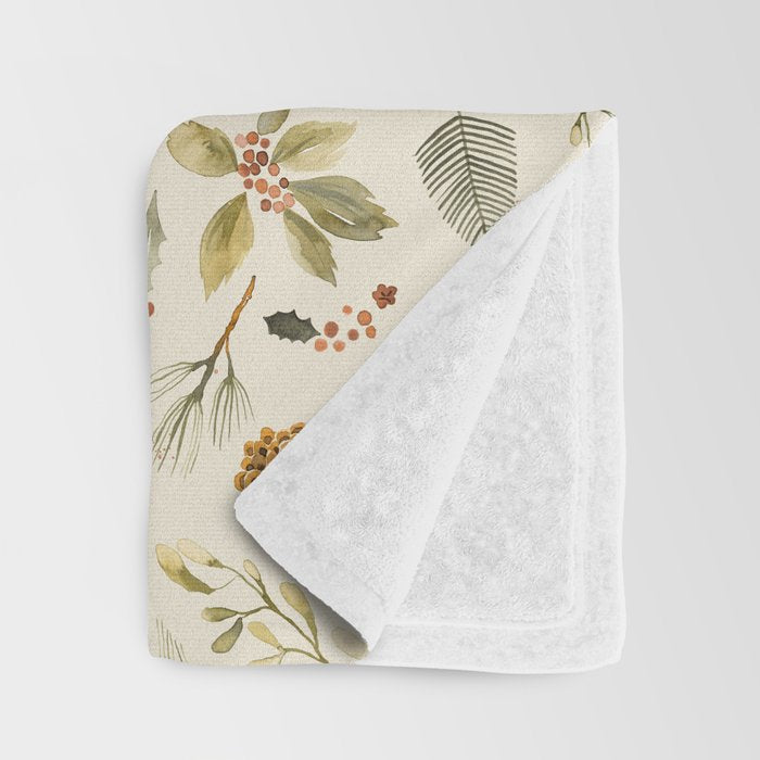 Christmas holiday botanical Pinecones and Holly Ecru Gold Throw Blanket Gallery Image 3