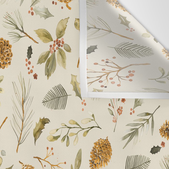 Christmas holiday botanical Pinecones and Holly Ecru Gold Wall Tapestry Gallery Image 3