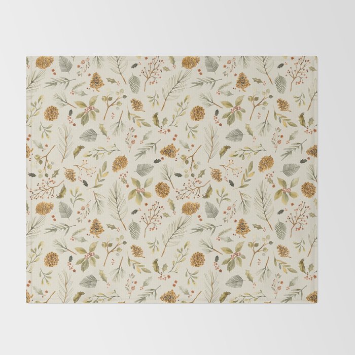 Christmas holiday botanical Pinecones and Holly Ecru Gold Throw Blanket Gallery Image 2