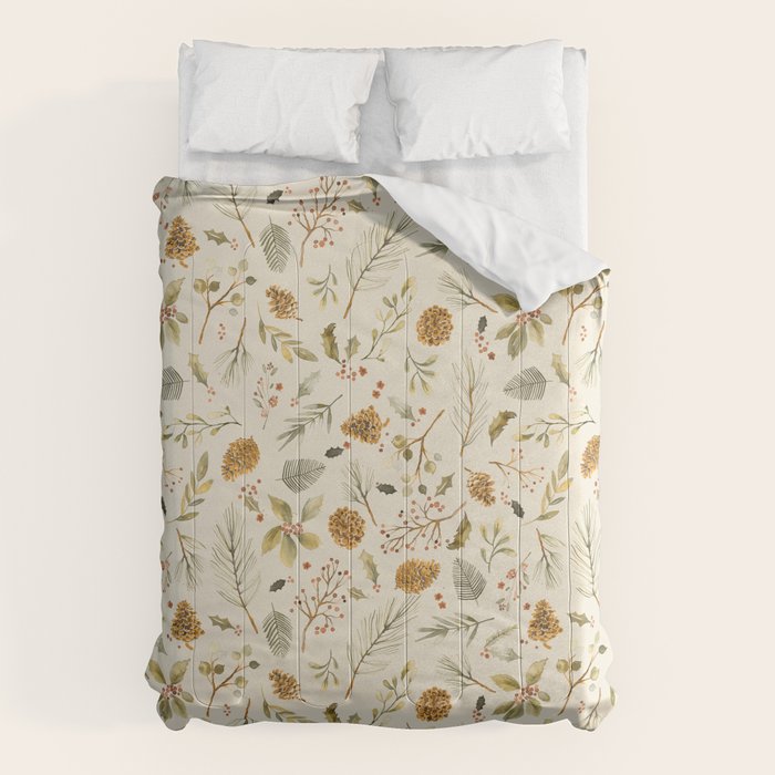 Christmas holiday botanical Pinecones and Holly Ecru Gold Comforter Gallery Image 6