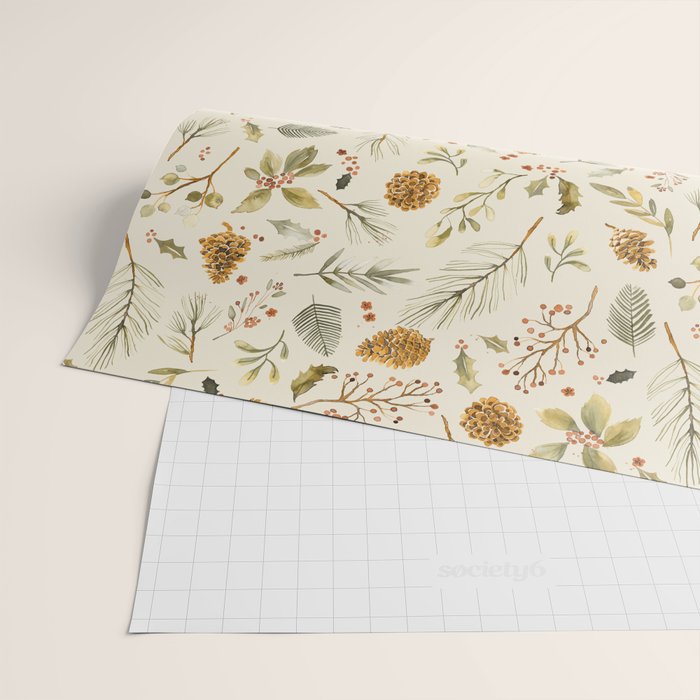 Christmas holiday botanical Pinecones and Holly Ecru Gold Wrapping Paper Gallery Image 2