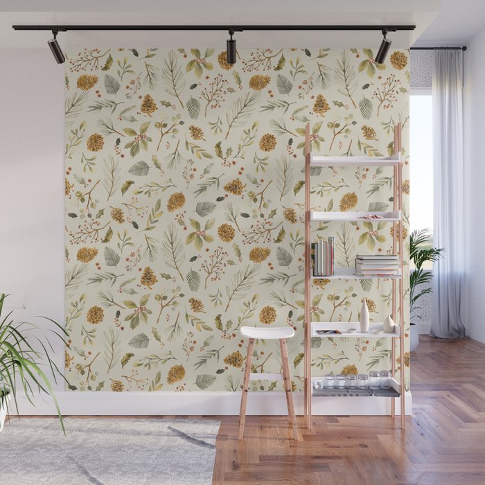 Christmas holiday botanical Pinecones and Holly Ecru Gold Wall Mural Gallery Image 1
