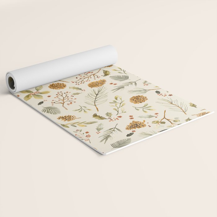 Christmas holiday botanical Pinecones and Holly Ecru Gold Yoga Mat Gallery Image 2