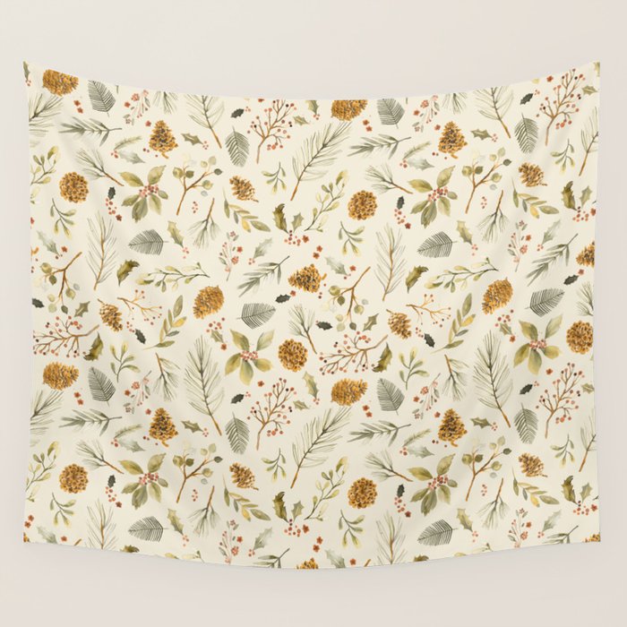 Christmas holiday botanical Pinecones and Holly Ecru Gold Wall Tapestry Gallery Image 4