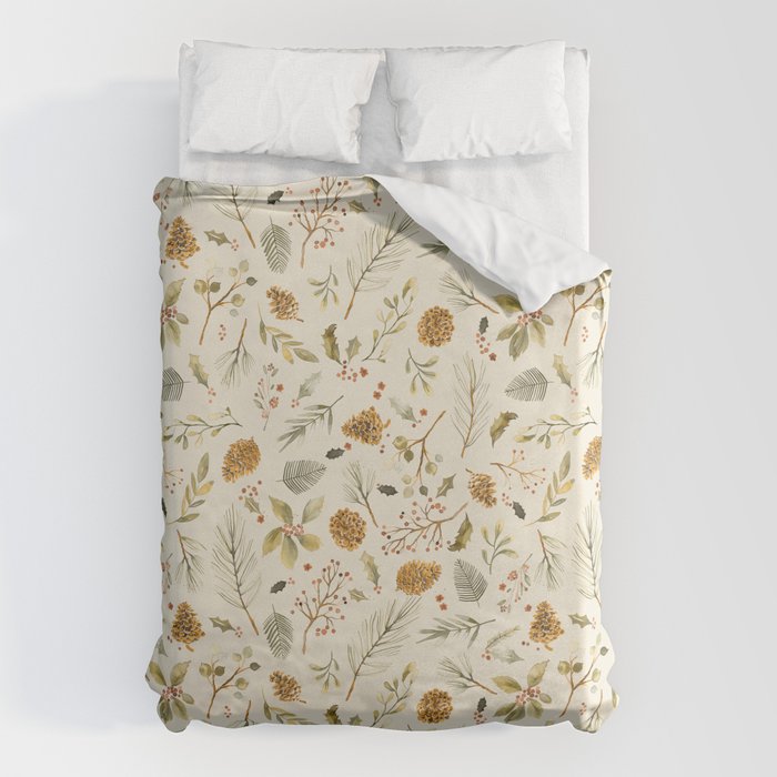 Christmas holiday botanical Pinecones and Holly Ecru Gold Duvet Cover Gallery Image 6