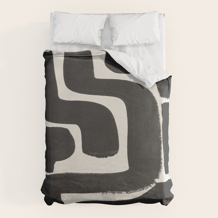 Black Ink Paint Brush Strokes Abstract Organic Pattern Mid Century Style Duvet Cover Gallery Image 1
